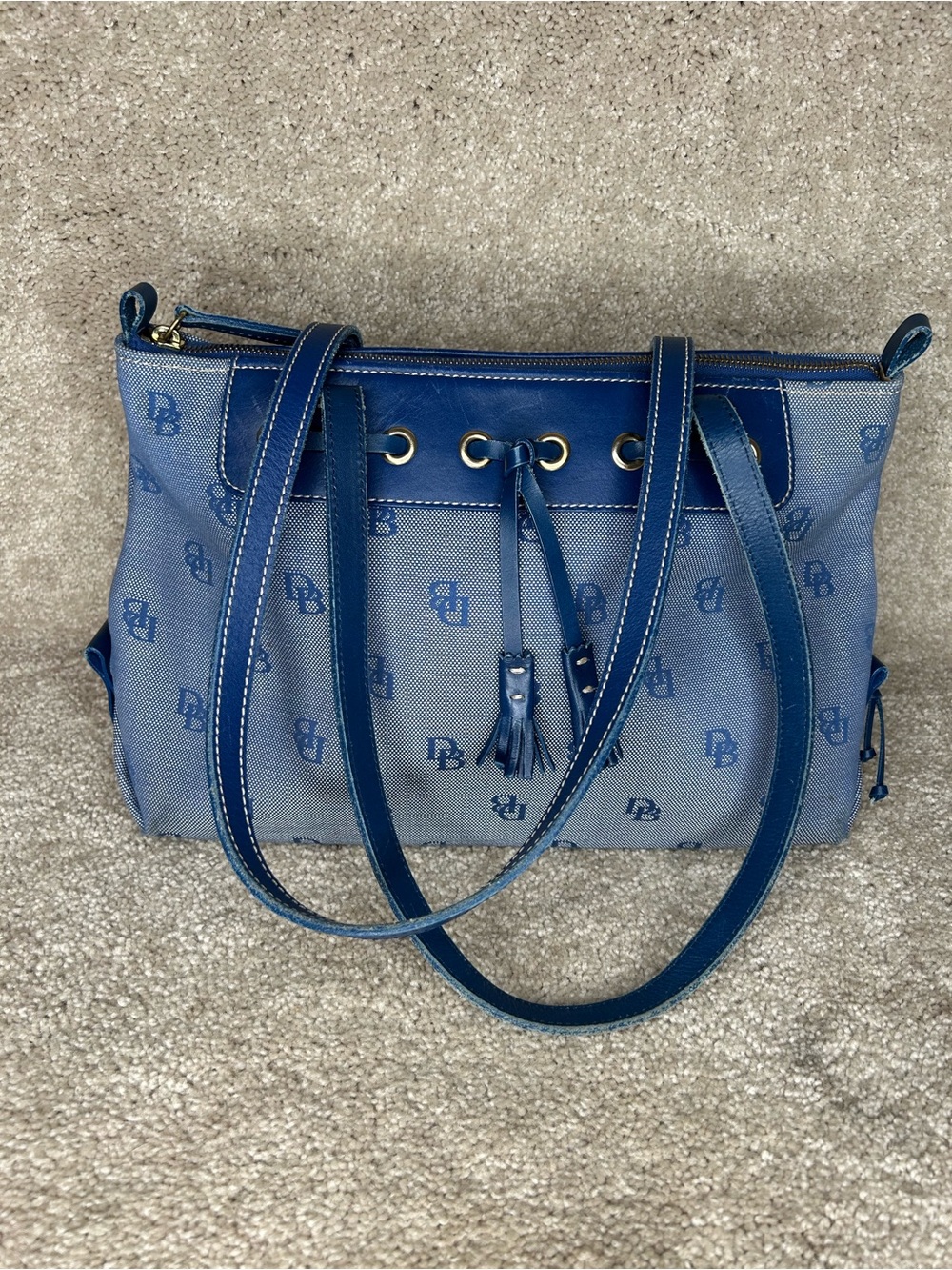 Dooney & Bourke Blue Monogram Shoulder Tote with Tassel Detail vintage